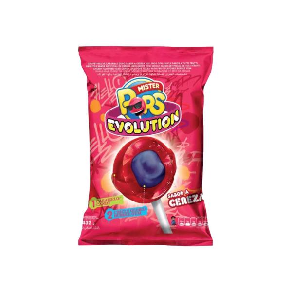 Chupetin Mister Pops Evolution con Chicle Cereza por 24 unid. por 432 grs.